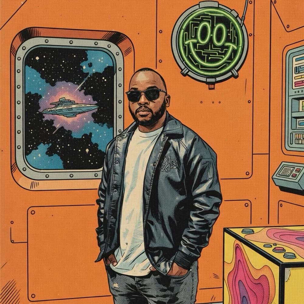 Hillzy in an illustrated orange recording spaceship